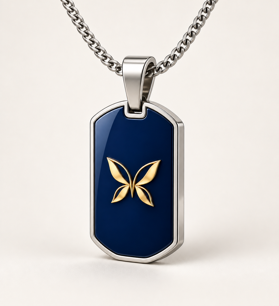[BS-U-FOTO-09] Collana Dog Tag Butterfly Blu